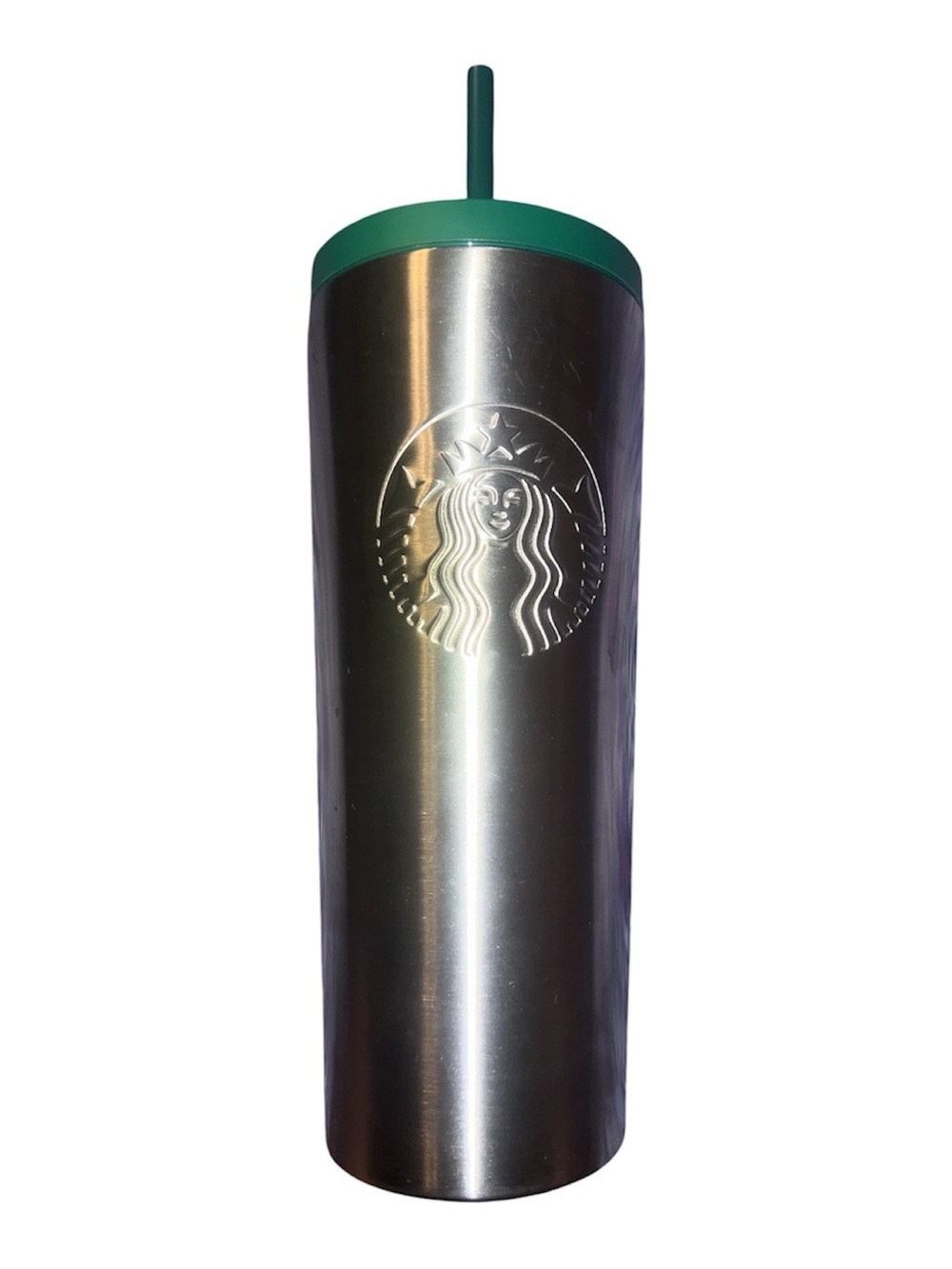 Starbucks Silver Stainless Steel Tumbler with Green Lid and Straw